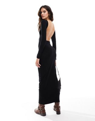 Shop Miss Selfridge Long Sleeve Bodycon Maxi Dress With Open Back In Black