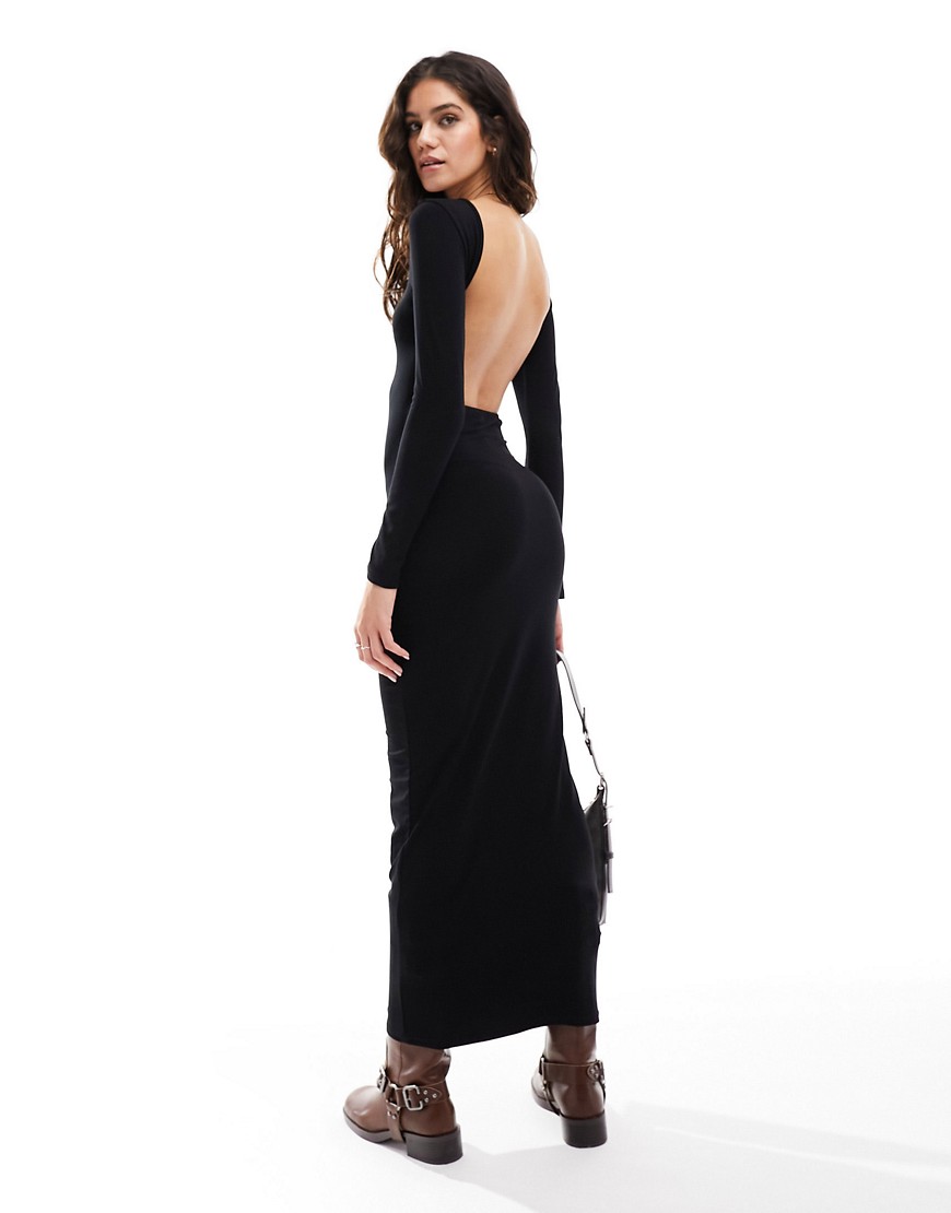 Miss Selfridge long sleeve bodycon maxi dress with open back in black