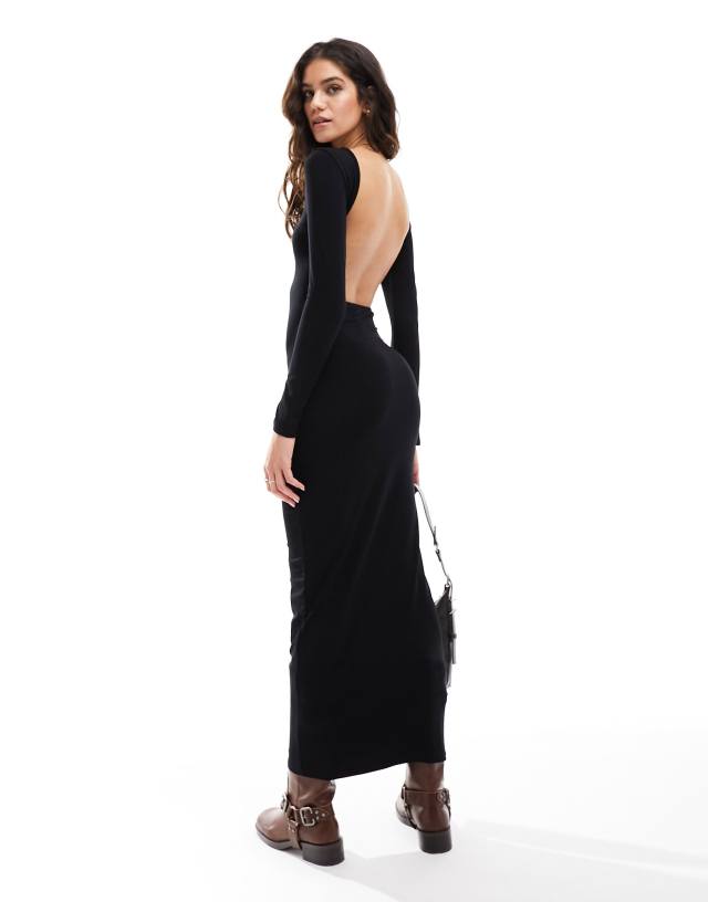 Miss Selfridge - long sleeve bodycon maxi dress with open back in black