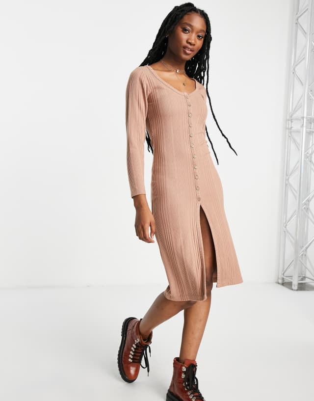 Miss Selfridge long sleeve button through cardigan midi dress in mocha