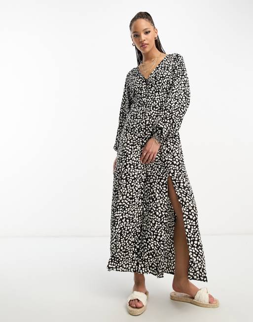 Miss Selfridge long sleeve button through maxi dress in spot print ASOS