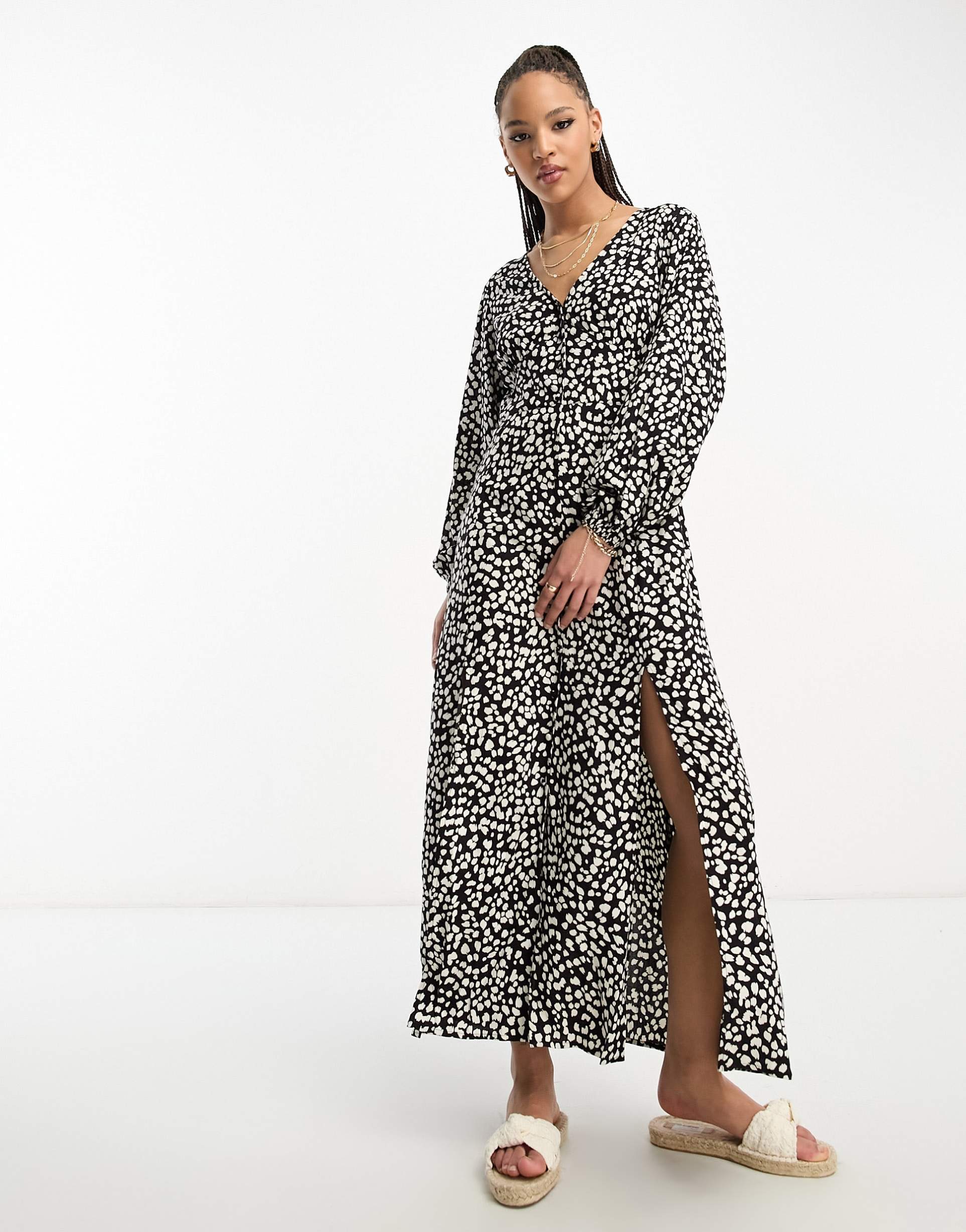 miss selfridge long sleeve button up maxi dress in dot print