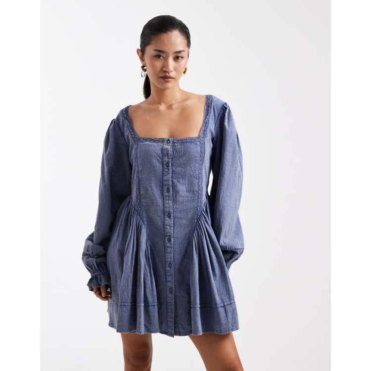 Miss Selfridge long sleeve chambray mini dress in blue wash | ASOS
