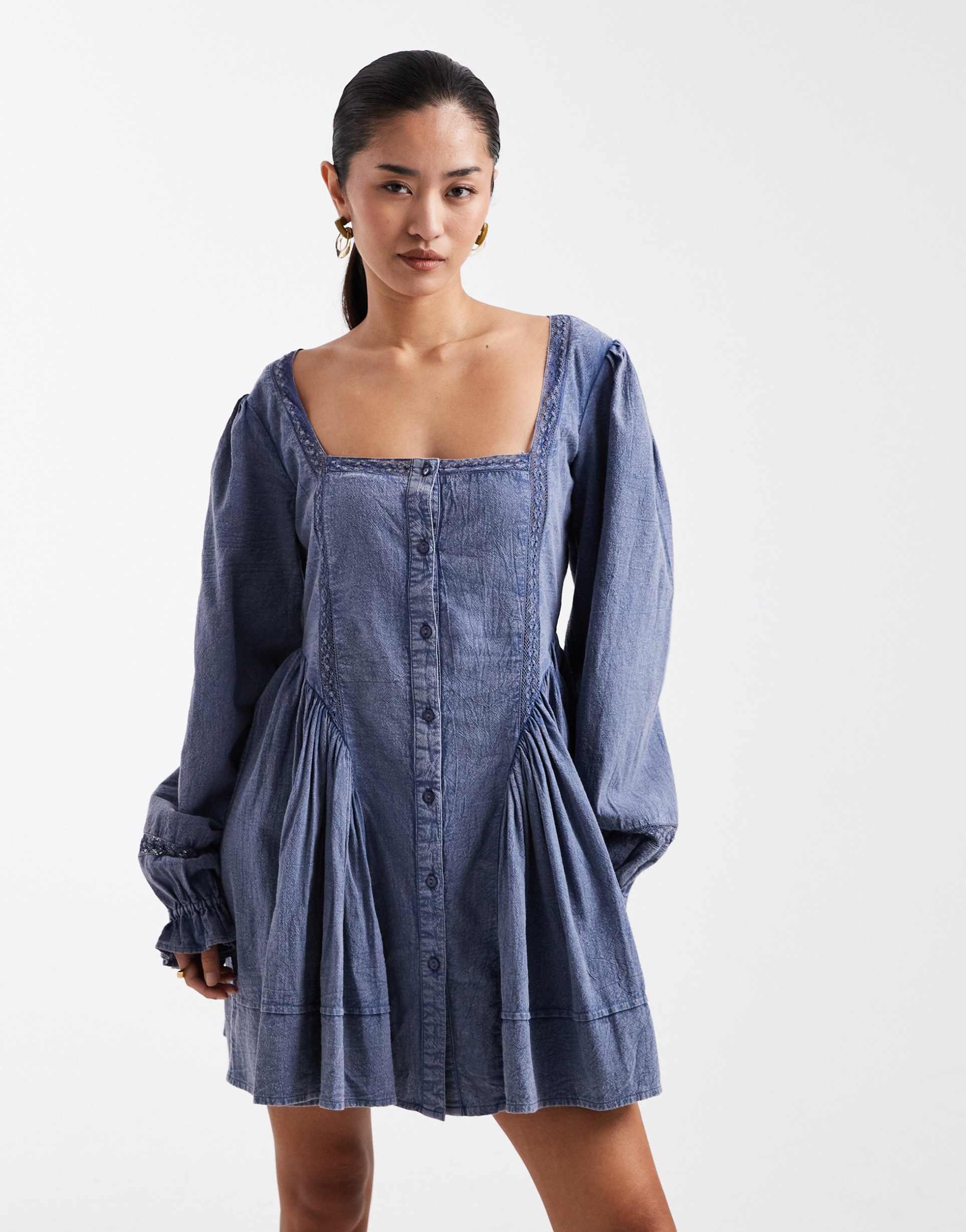 miss selfridge long sleeve chambray mini dress in blue wash
