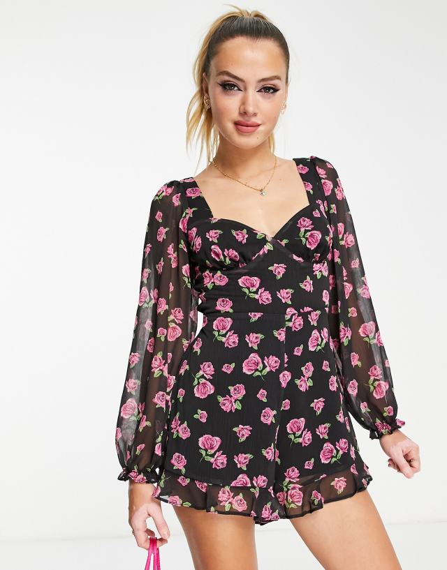 Miss Selfridge long sleeve chiffon bust detail romper in rose print