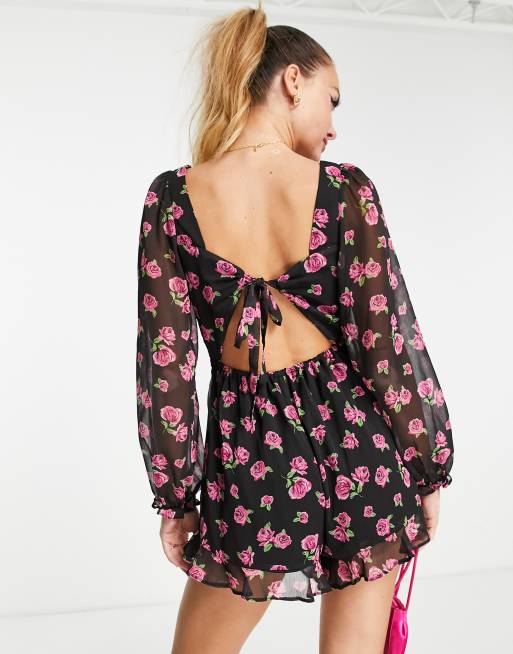 Miss Selfridge long sleeve chiffon bust detail romper in rose print