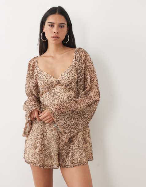Miss Selfridge long sleeve chiffon playsuit in animal - view 1