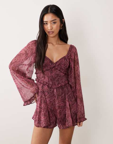 Miss Selfridge long sleeve chiffon playsuit in paisley - view 1