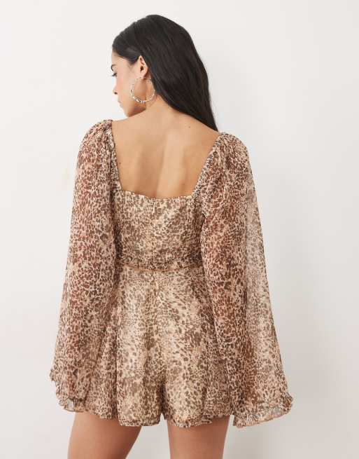 Miss Selfridge long sleeve chiffon romper in animal, 3 of 4