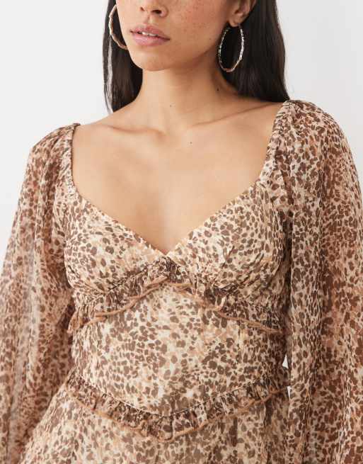 Miss Selfridge long sleeve chiffon romper in animal, 4 of 4