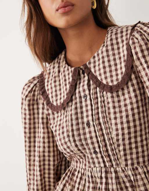 Miss Selfridge long sleeve collar tea dress in check, 3 of 4