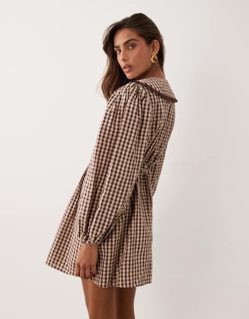 Miss Selfridge long sleeve collar tea dress in check, 4 of 4