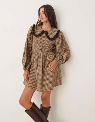 Miss Selfridge long sleeve collared tea dress in check-Multi