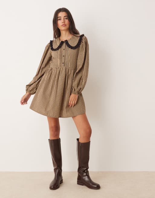 Miss Selfridge long sleeve collared tea dress in check