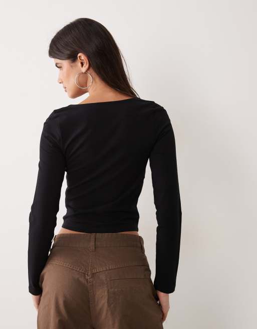 Miss Selfridge long sleeve corset detail top black, 3 of 4