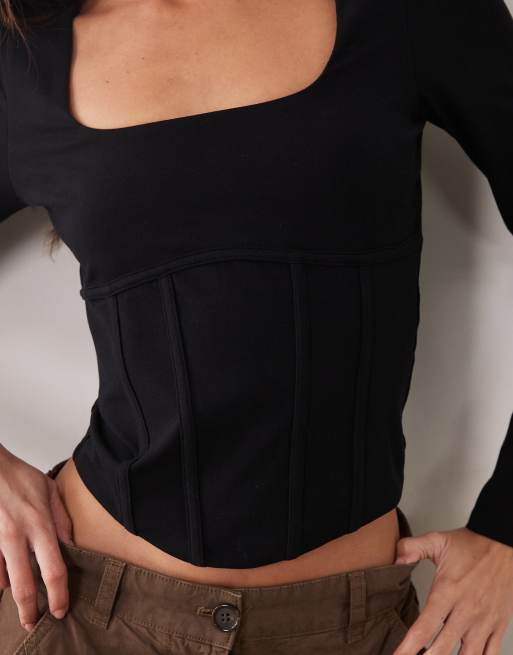 Miss Selfridge long sleeve corset detail top black, 4 of 4