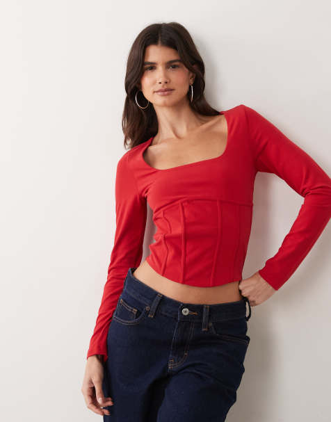 Miss Selfridge long sleeve corset detail top in red