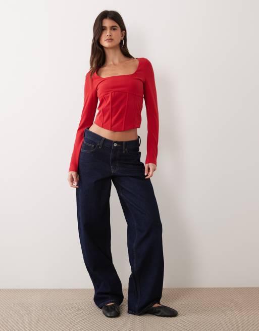 Miss Selfridge long sleeve corset detail top in red, 2 of 4