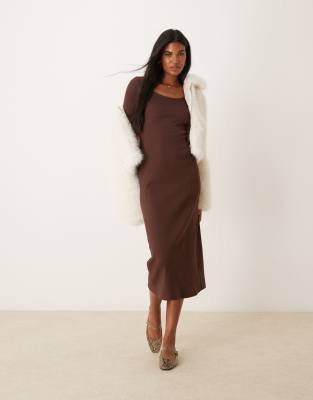 Miss Selfridge long sleeve corset scoop maxi dress in chocolate-Blue