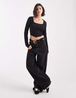 Miss Selfridge Long Sleeve Corset Top In Black