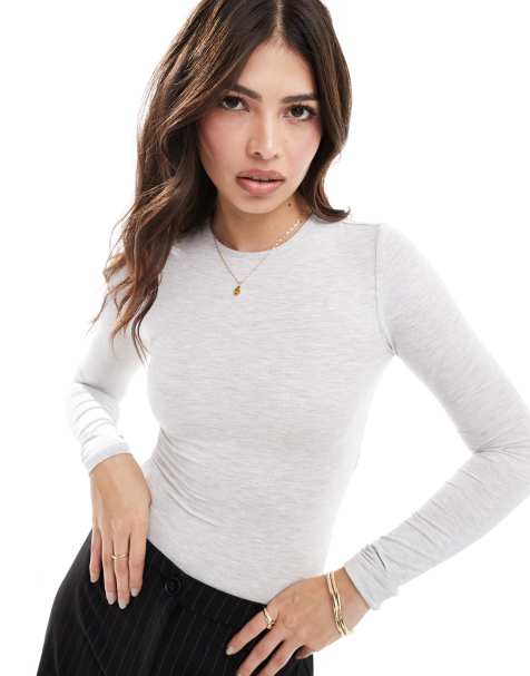 Miss Selfridge long sleeve crew neck bodysuit in grey marl - view 1