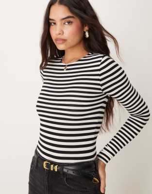 long sleeve crew neck bodysuit in mono stripe-Multi