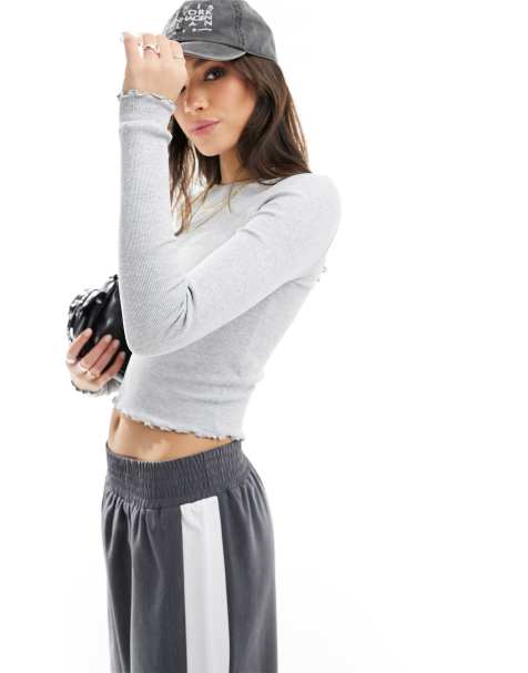Miss Selfridge long sleeve crew neck top in gray heather - view 1