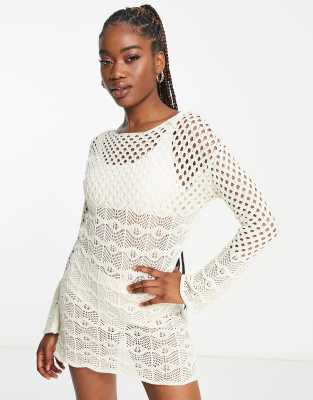 Miss Selfridge long sleeve crochet cover up in cream