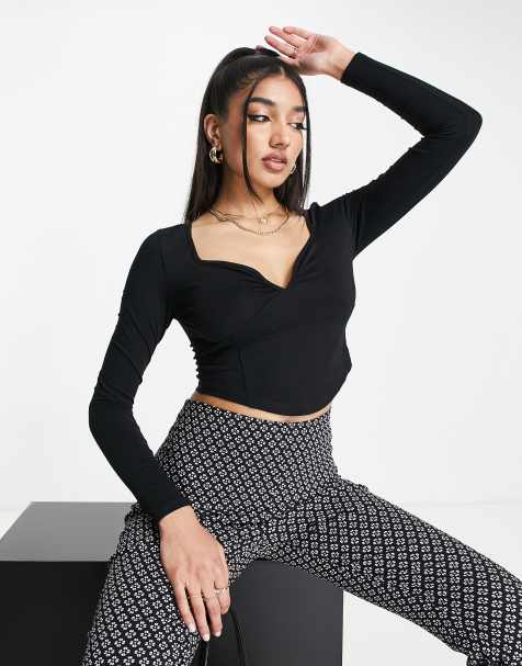 Miss Selfridge boxy short sleeve crop top with lace hem in black