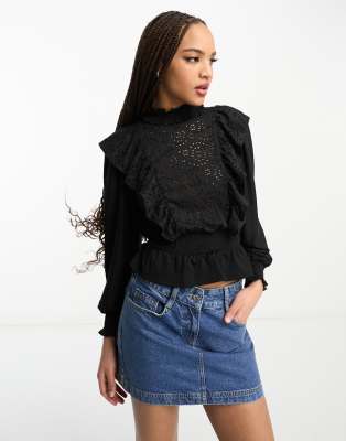 Miss Selfridge Long Sleeve Cutwork Frill Top-black