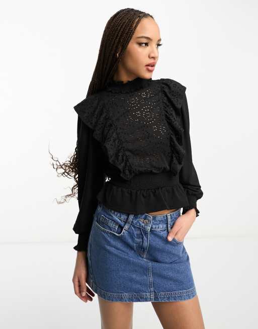 Miss Selfridge long sleeve cutwork frill top | ASOS