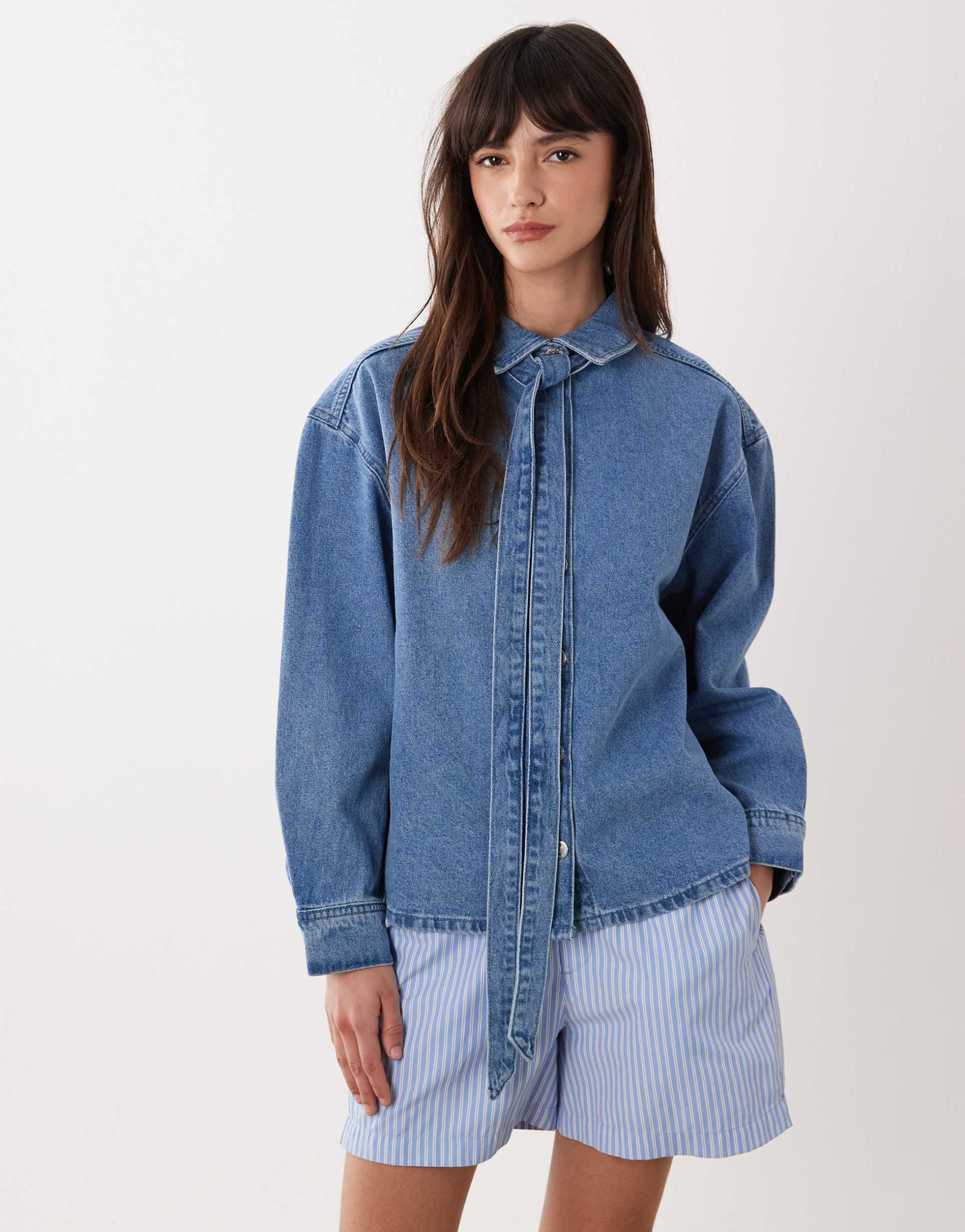 miss selfridge long sleeve denim shirt with bow
