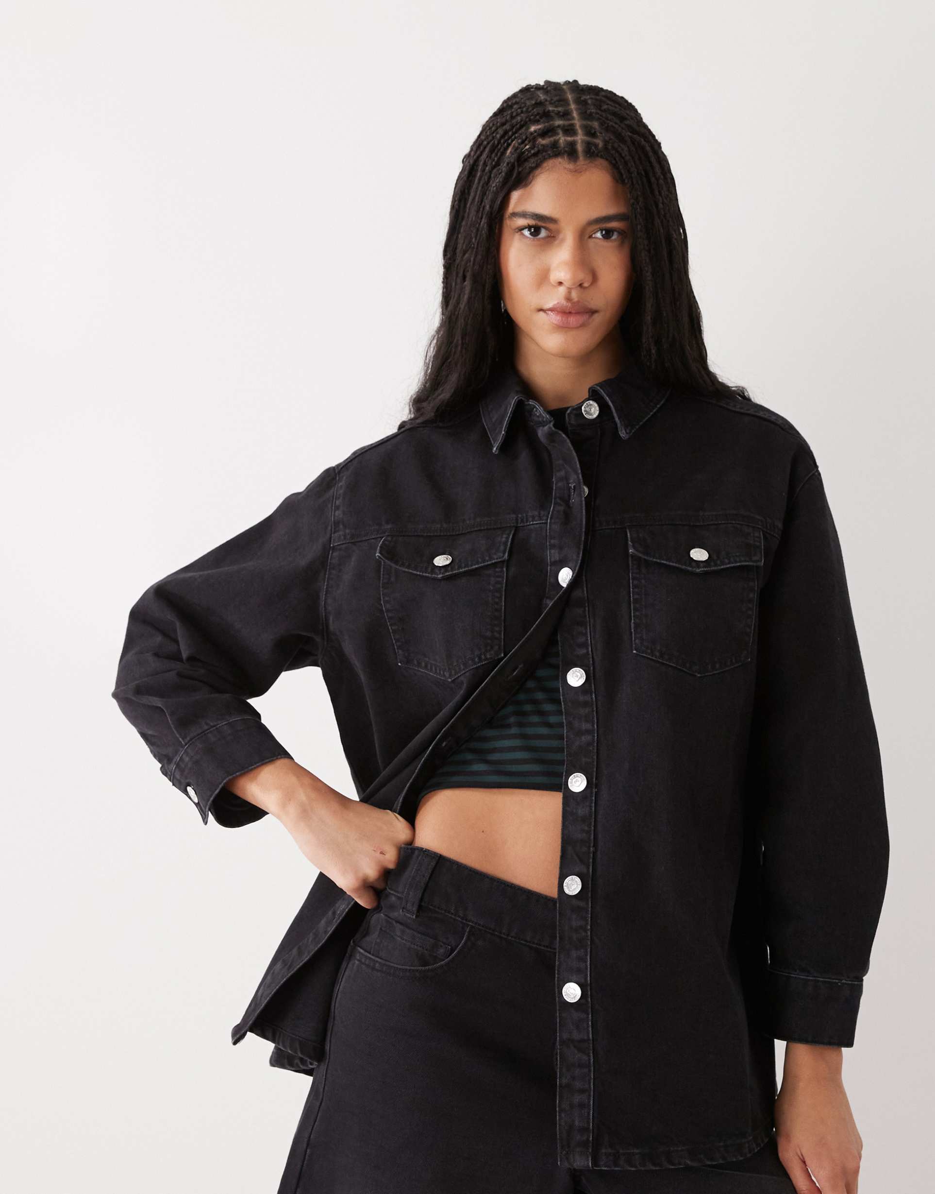 miss selfridge long sleeve easy denim shirt in black wash