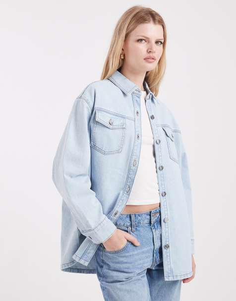Miss Selfridge long sleeve easy denim shirt in bleach wash - view 1