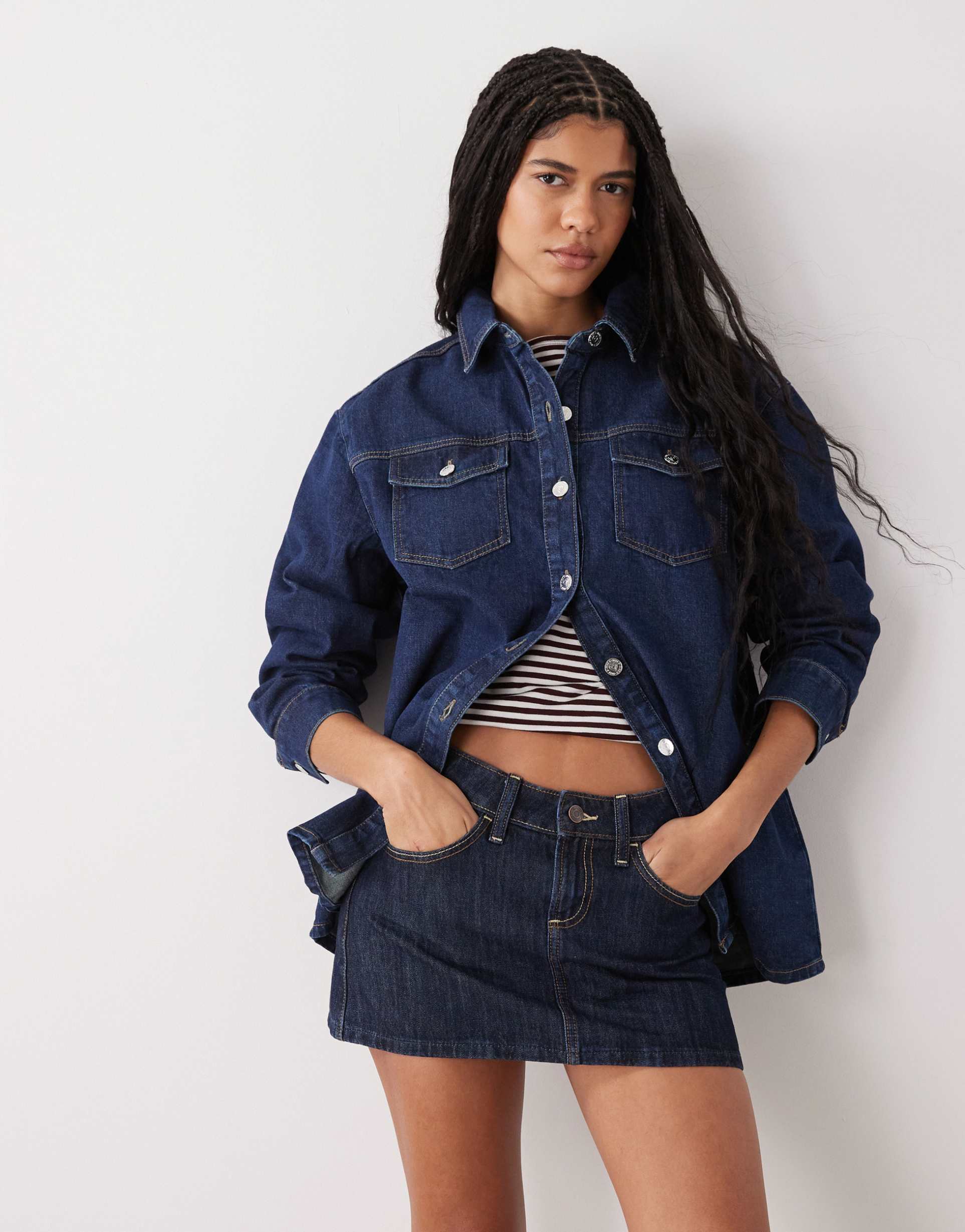 miss selfridge long sleeve easy denim shirt in indigo wash