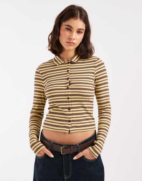 Miss Selfridge long sleeve fitted button through shirt in buttermilk stripe - view 1