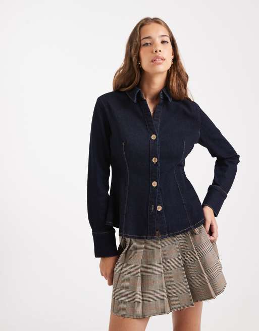 Miss Selfridge long sleeve fitted denim shirt in mid wash