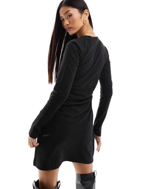 Black ruched side store fitted shirt dress