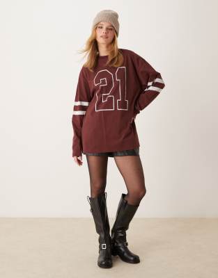 Miss Selfridge long sleeve graphic varsity tee in chocolate-Brown