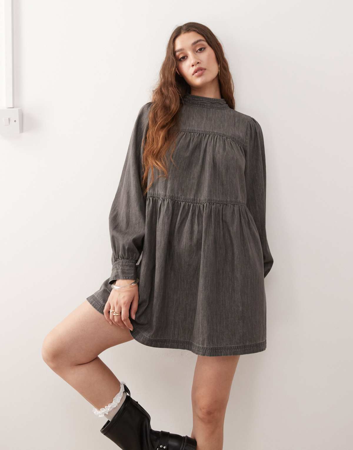 Miss Selfridge long sleeve high neck dress in black wash