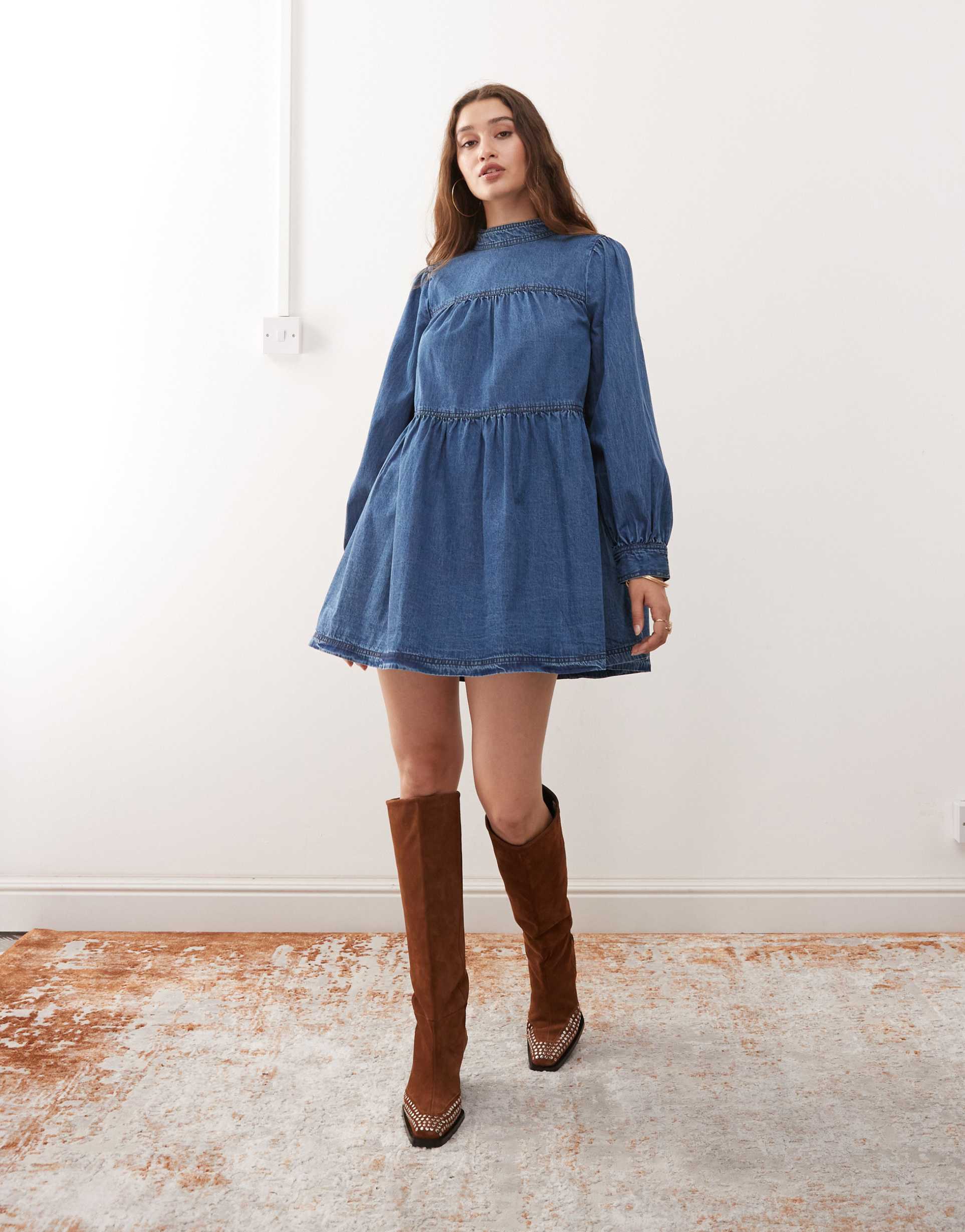 miss selfridge long sleeve high neck dress in indigo wash