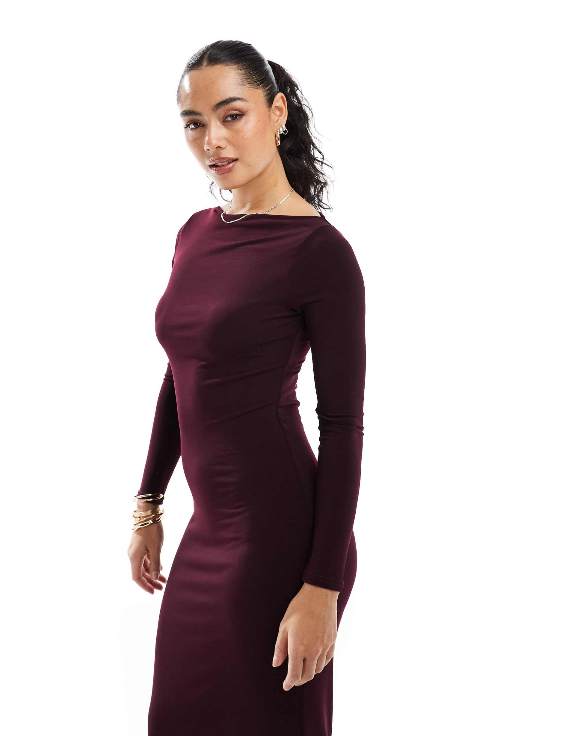 miss selfridge long sleeve jersey maxi dress in plum