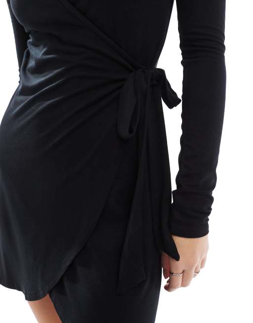 Miss Selfridge long sleeve jersey wrap dress in black | ASOS