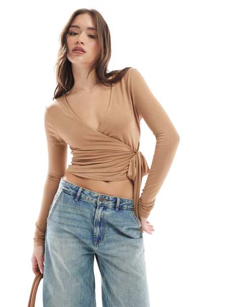 Miss Selfridge long sleeve jersey wrap top in biscuit - view 1