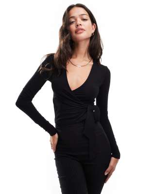 Shop Miss Selfridge long sleeve jersey wrap top in black Online – Trendy & Affordable Fashion