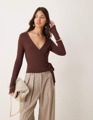 Miss Selfridge Long Sleeve Jersey Wrap Top In Chocolate-brown