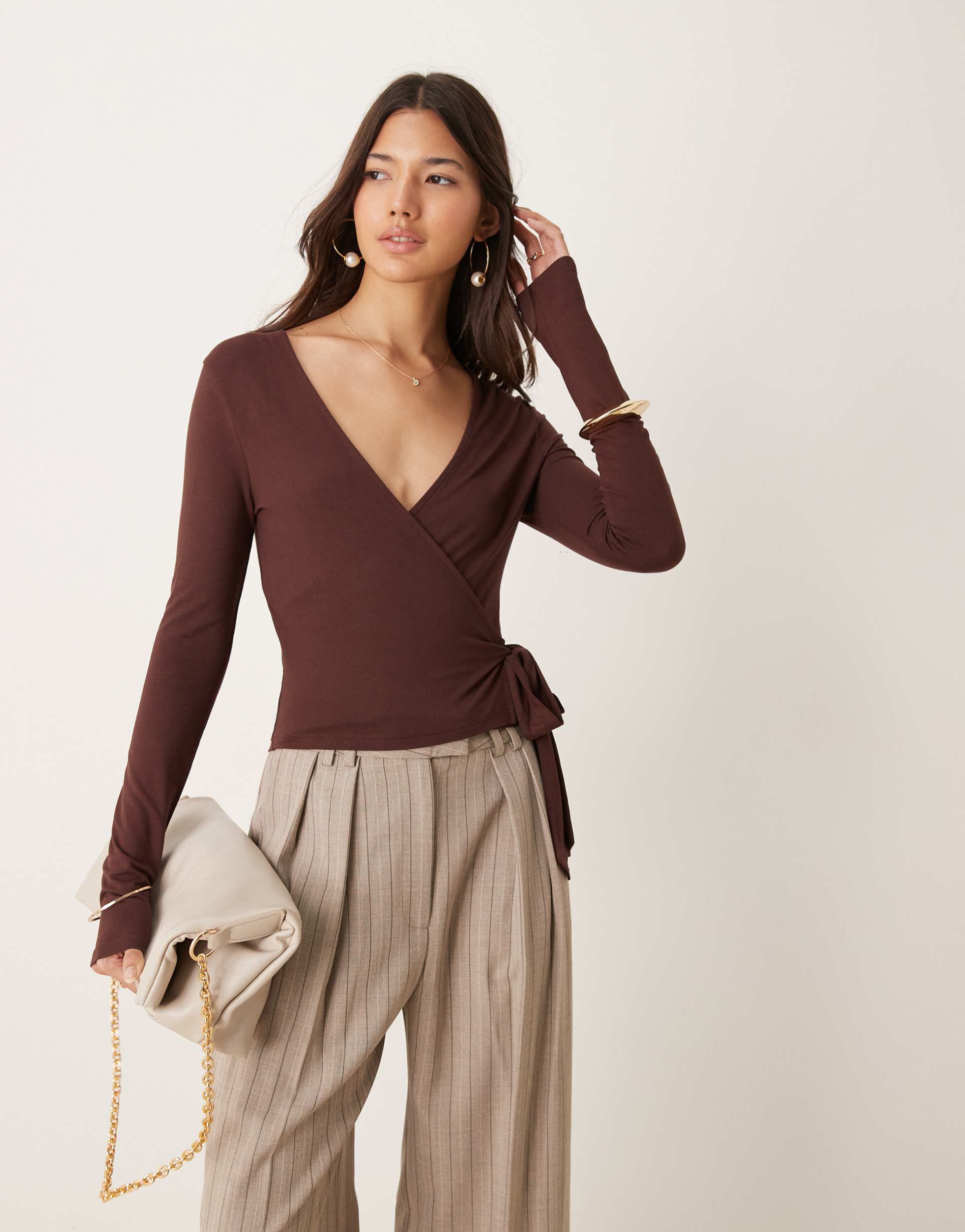 miss selfridge long sleeve jersey wrap top in chocolate