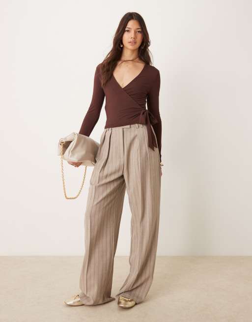 Miss Selfridge long sleeve jersey wrap top in chocolate, 2 of 4