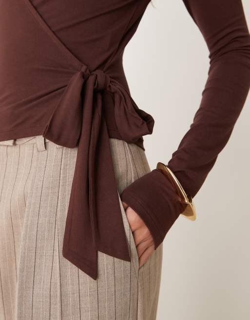 Miss Selfridge long sleeve jersey wrap top in chocolate, 3 of 4