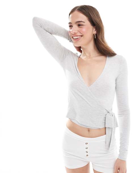 Miss Selfridge long sleeve jersey wrap top in grey marl - view 1